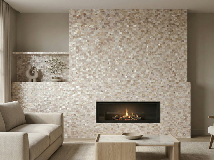 shell mosaic tile stick on fireplace