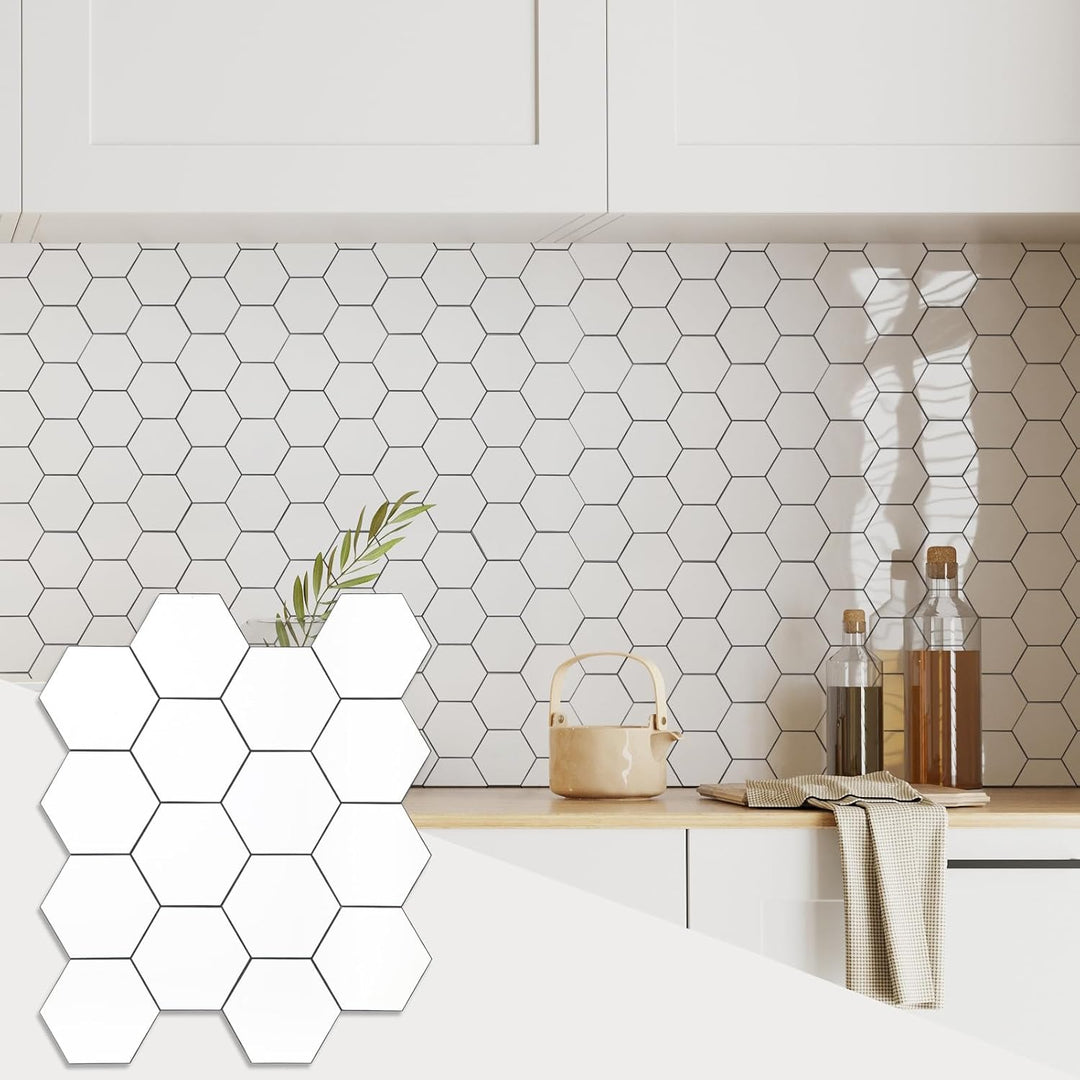  Hexagon Peel and Stick Tiles PVC  Glossy White Backsplash