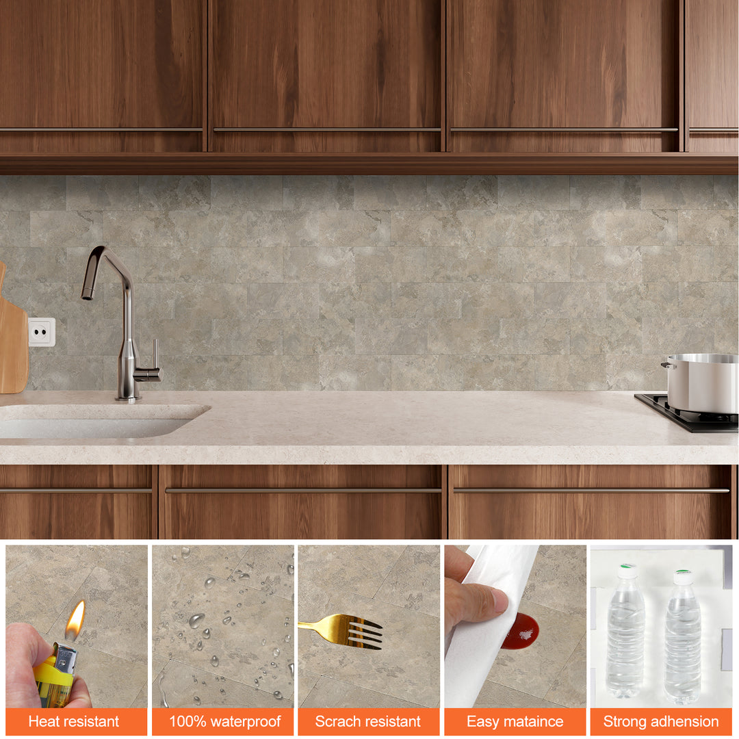 11.8" X 11.8" Beige Stone Rock Peel and Stick Subway Backsplash Tile