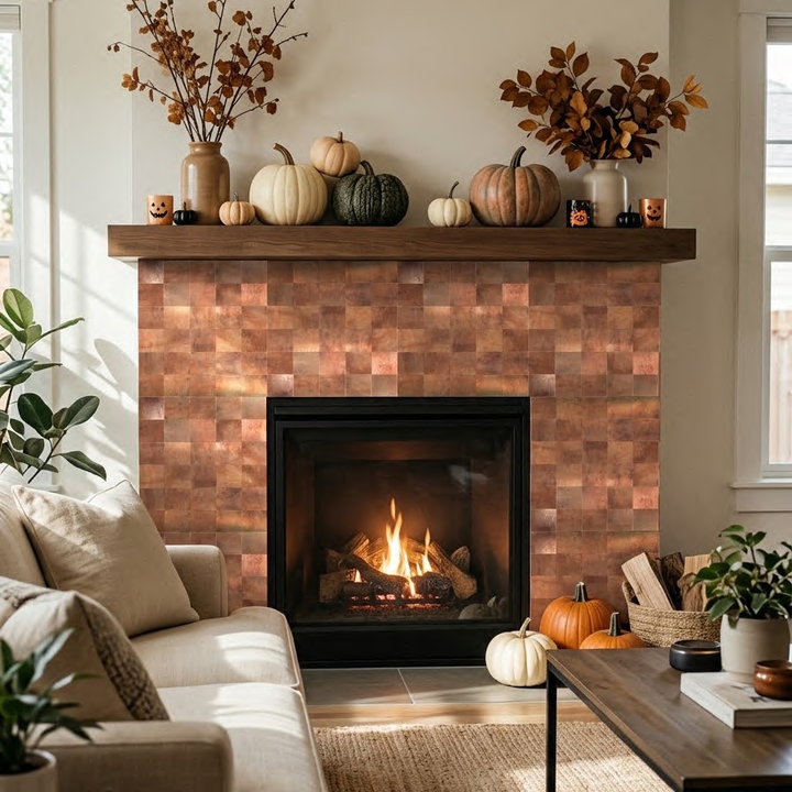 copper peel and stick tile for fireplace
