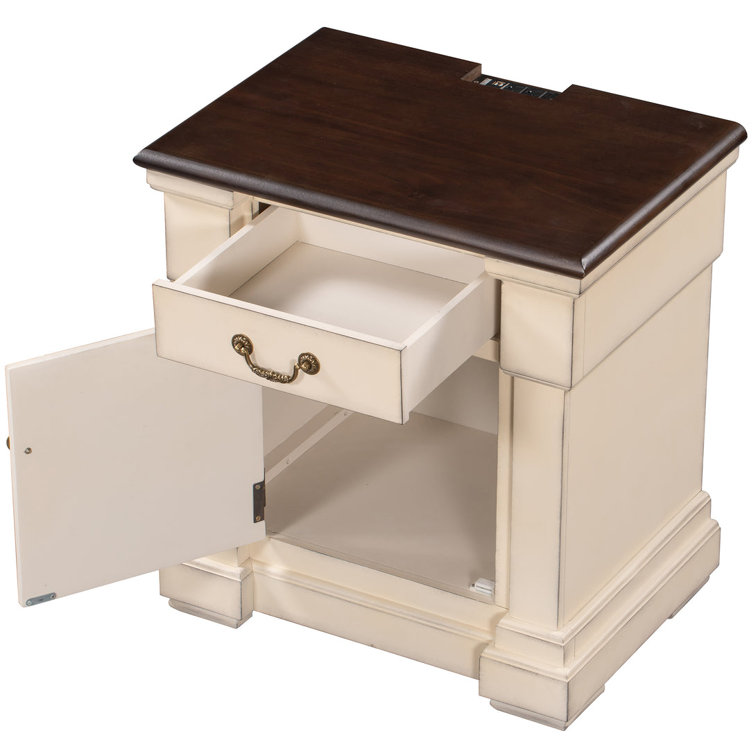 Nightstand with 1 Drawer and Cabinet,USB Charging Ports,Antique White